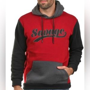 Men's Color Block Savage Fleece Hoodie - Burgundy NWT front pockets pull string